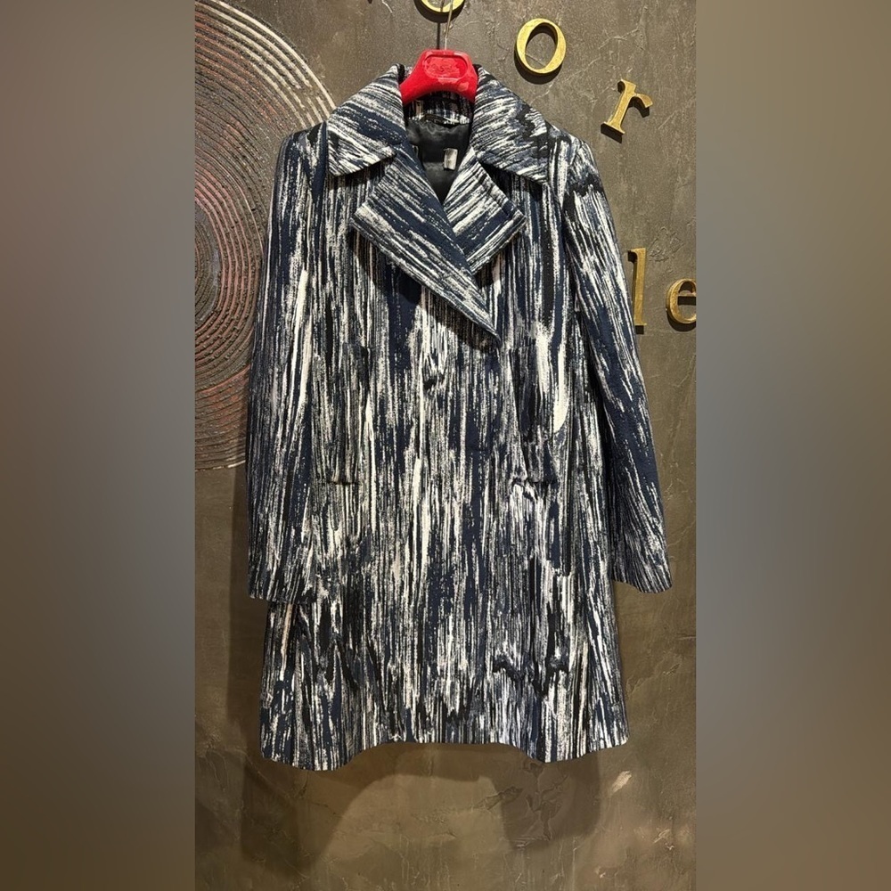 Sportmax Vintage Runway Coat 2015 Vogue Collection Blue Abstract US 8 Cotton